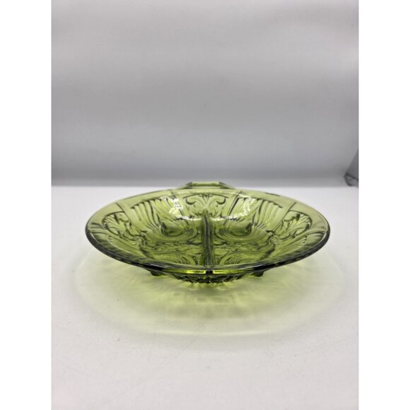 Vintage Indiana Glass Killarney Avocado Green 8" Divided Relish Dish Handle - Picture 3 of 10
